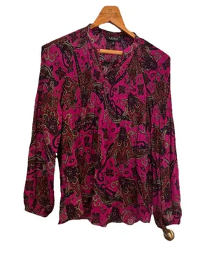 LAUREN Ralph Lauren Black Label Purple Paisley Pleated Georgette Blouse Size M thumbnail 1