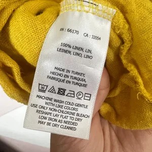 100% Linen Top Women's Medium Mustard Yellow Cowl Neck‎ Tie Back Short Sleeve thumbnail 5