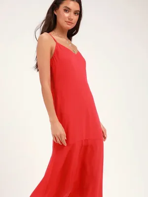 Lulu's Bright Red Midi Slip Dress with Spaghetti Straps thumbnail 2