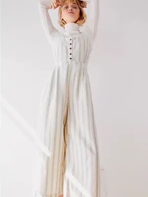 Free People Cream & Navy PinStriped Linen Tie-Shoulder Wide Leg Crop Jumpsuit 2 thumbnail 5