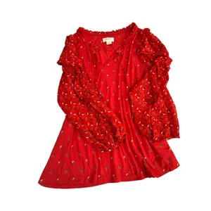 Maeve Anthropologie Red Geometric Print Ruffle Tie Neck Balloon‎ Sleeve Blouse L thumbnail 2