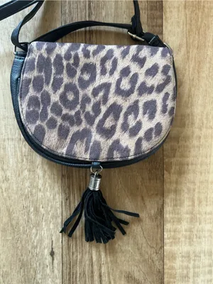 Claire's Leopard Print Crossbody Saddle Bag - Black and Taupe thumbnail 2