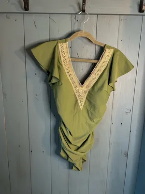 “B” Olive Green One-Piece Swimsuit w/ Crochet V-Neck & Flutter Sleeves | M (New) thumbnail 3