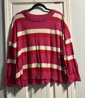Band of Gypsies Sweater Womens Large Pink Red Striped Cotton Crew Neck Relaxed thumbnail 1