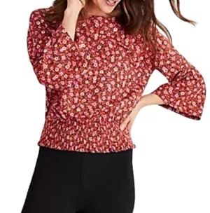 Ann TAYLOR FLORAL BELL SLEEVE SMOCKED WAIST TOP IN RIPE PERSIMMON SZ L thumbnail 1
