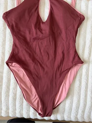 BECCA Ribbed Burgundy One-Piece Swimsuit with Pink Straps thumbnail 3