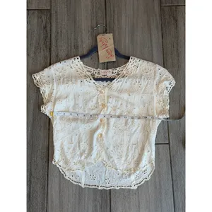 NEW NWT Lace Works Handmade Eyelet Lace Blouse Ivory Cropped Top Womens Small thumbnail 3
