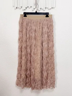 Miss Sparkling Nude Textured Fringe Elastic Waist Maxi Skirt thumbnail 2