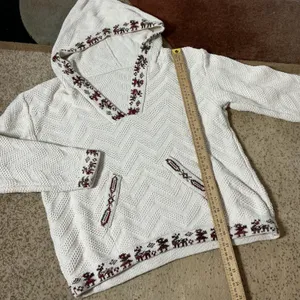 Nordic Fair Isle Reindeer Knit Hoodie Women Medium Cream Chevron Boho thumbnail 4