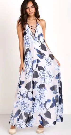 Show‎ me Your Mumu Logan lace up floral blue maxi dress Bouquet Blue thumbnail 1