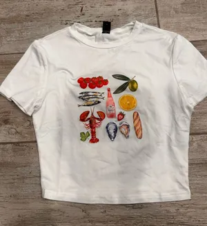 SHEIN White Crop Tee with Colorful Food & Seafood Print thumbnail 1