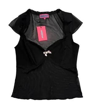 Edikted Mesh Top Womens XS Black Coquette Lace Trim Pink Bow‎ Goth S17276 New thumbnail 1