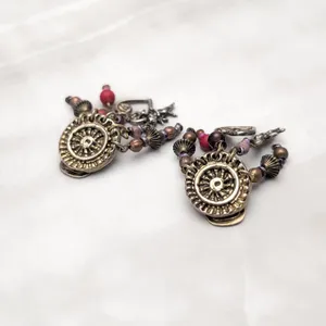 Vintage Clip On Earrings Statement Dark Gold Tone with Charms & Red/Brown Beads thumbnail 3