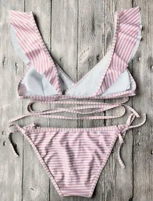 pink striped ruffles wrap bikini Size M thumbnail 1