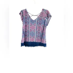 Pink Rose Large Blue Pink White Geometric Top thumbnail 10