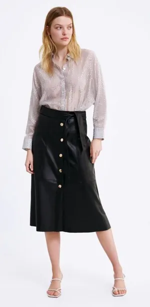 Zara Black Faux Leather Midi Skirt minimalist corpcore classic career chic Large thumbnail 1