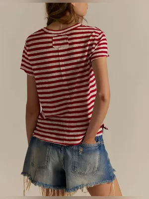 NWT Free People We The Free Nora Striped Linen Tee - Red Combo - XL thumbnail 4