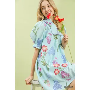Umgee Multi Flower Print V-Neck Dress - Seafoam - Small thumbnail 4