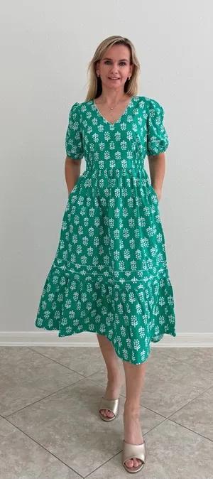J.Crew Block Print Puff Sleeve Midi Dress Green Size 6 NWT thumbnail 1