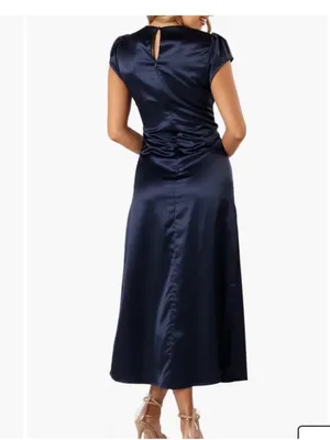 Petal + Pup Lisbeth Ruched Satin Midi Dress Navy Large NWT thumbnail 4