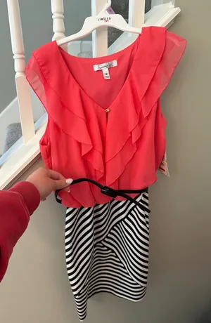 ruffles and stripe dress with black belt thumbnail 1