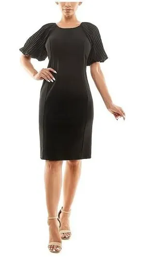 Nina Leonard Sheath Dress Black Pleated Puff Sleeve Midi LBD Elegant Size‎ M thumbnail 1