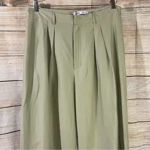 Zara high-rise wide leg pleated green trouser pants with pockets women Size XL thumbnail 4