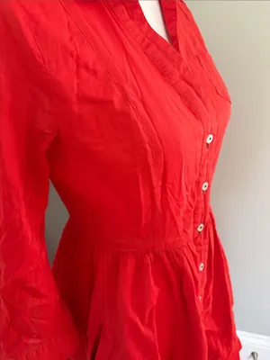 Moulinette Soeurs Vibrant Red Button-Front Midi Shirt Dress Tab Sleeves‎ Size 2 thumbnail 3