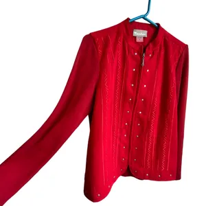 Vintage Tanjay‎ Red faux suede/knit zip up studded womens jacket sz M thumbnail 3
