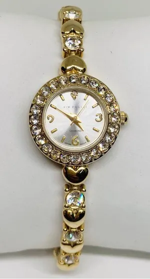 Kim rogers gold tone crystals hearts links band 22mm quartz up to 7.5” running thumbnail 1