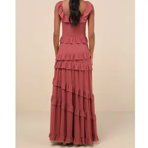 NEW Compelling Romantic Rusty Rose Ruffled Tiered Garden Party Maxi Dress Large thumbnail 2