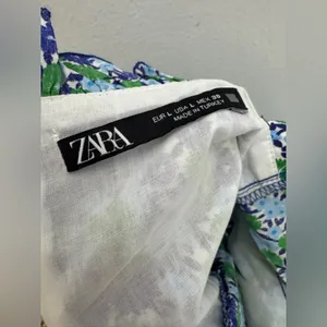 Zara Blue Green Floral Cropped Ruffle Short‎ Sleeve Cotton Blouse Large thumbnail 5