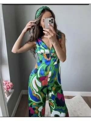 Zara Printed Jumpsuit with Knotted Straps Size XS NWT‎ thumbnail 2