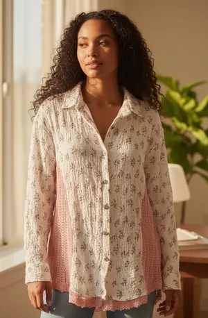 POL Lg Floral Button-Up Blouse - White and Pink thumbnail 1