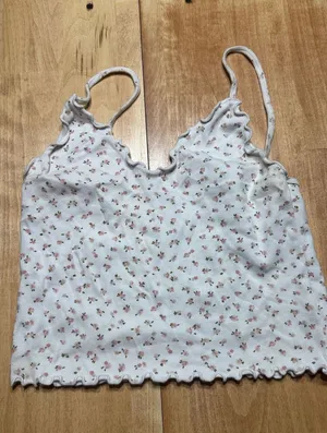 John Galt Brandy Melville White Pink‎ Floral Lettuce Trim Crop Cami Top Size S thumbnail 1