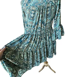 Paani Teal Paisley Tiered Babydoll Dress Flowy‎ Vneck Tassle High Waisted Flowy thumbnail 4