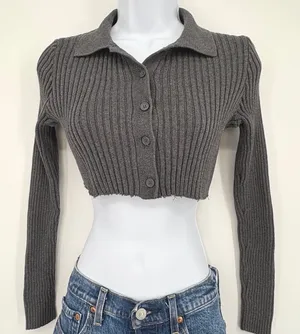 Brandy Melville Gray‎ Ribbed Crop Button Cardigan Sweater Raw Hem XS/S Stretch thumbnail 1