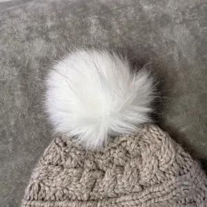 L.L.Bean Cable Knit Pom Beanie Hat One Size Unisex Adult Taupe Faux Fur 505452 thumbnail 7