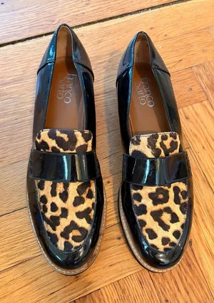 Franco Sarto Coen Black Patent Leather Leopard Print Loafers Workwear Business 8 thumbnail 1