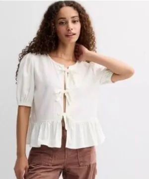 Liberty Love White Linen‎ Blend Tie Front Puff Sleeve Peplum Top XS thumbnail 1