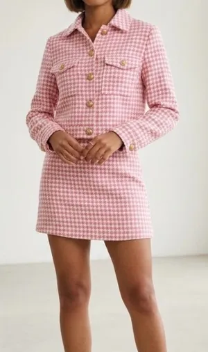 TCEC Pink Tweed Houndstooth Blazer Jacket & Skort Shorts Set Metallic Gold M thumbnail 1