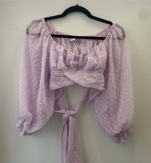 Hello molly crop top tie Lilac Swiss Dot Peasant Top thumbnail 1