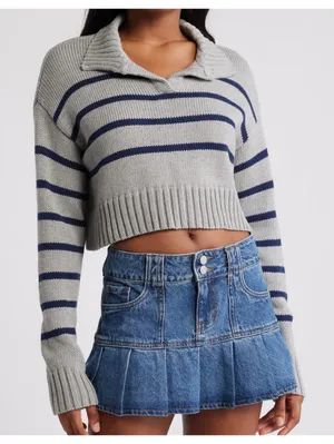 PacSun Callie Cotton Stripe Crop Polo Sweater Heather Gray XL thumbnail 2