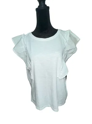 J.Crew Women's‎ Medium White Ruffle Cap Sleeve Round Neck T-Shirt Casual thumbnail 1