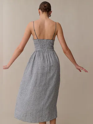 Few Moda Kourt Darya Size XS Blue Linen Smocked Midi Dress thumbnail 5