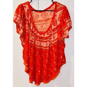 FREE PEOPLE Fruit Punch Combo Orange Paisley Boho Puff Sleeve Oversized Top S thumbnail 4