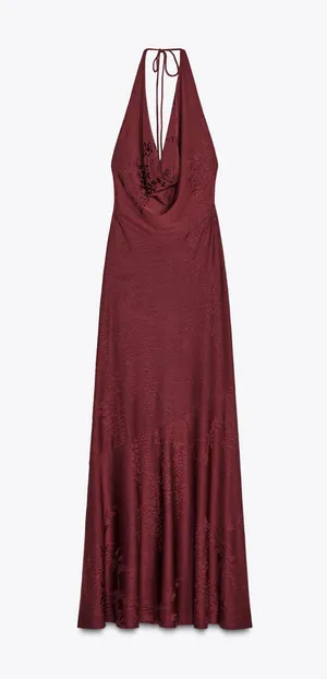 Zara Burgundy maxi Halter open back Dress wedding evening holiday party thumbnail 6