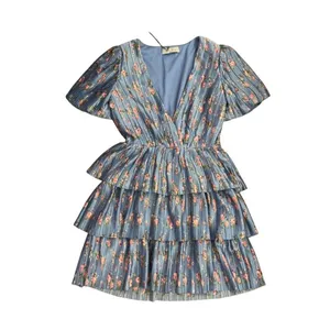 WAYF Blue Floral Pleated Tiered Ruffle Mini Dress Short Puff Sleeve V-Neck L NEW thumbnail 2