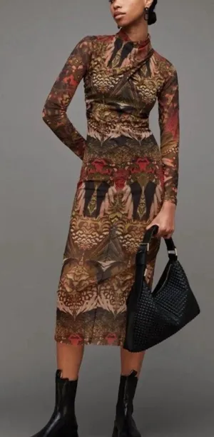 ALL SAINTS long sleeve Mesh Dress Elegant Multicolor Patterned Dress NEW thumbnail 1