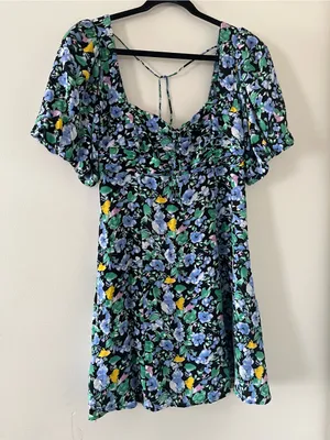 Blue Green Floral Puff Mini Dress Medium Romantic Cottagecore Summer Going Out thumbnail 1